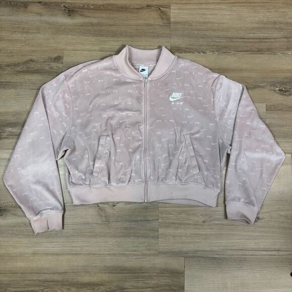 Nike Air Women's XL Full Zip Crop Velour Bomber Jacket Mauve Pink Sporty Lounge - Picture 1 of 6